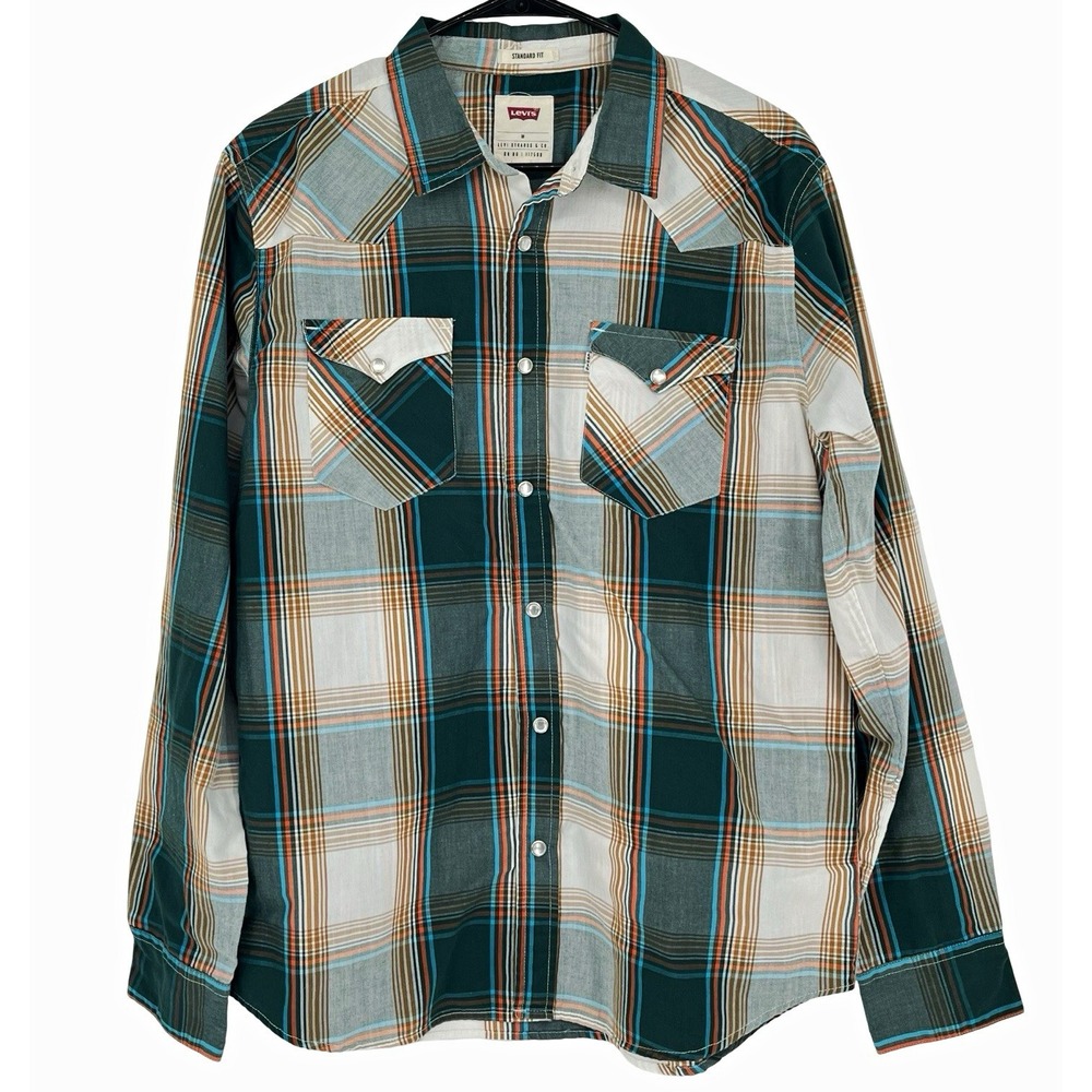 Levi's Men's Medium Western Plaid Shirt Standard Fit Snap Front Teal Brown